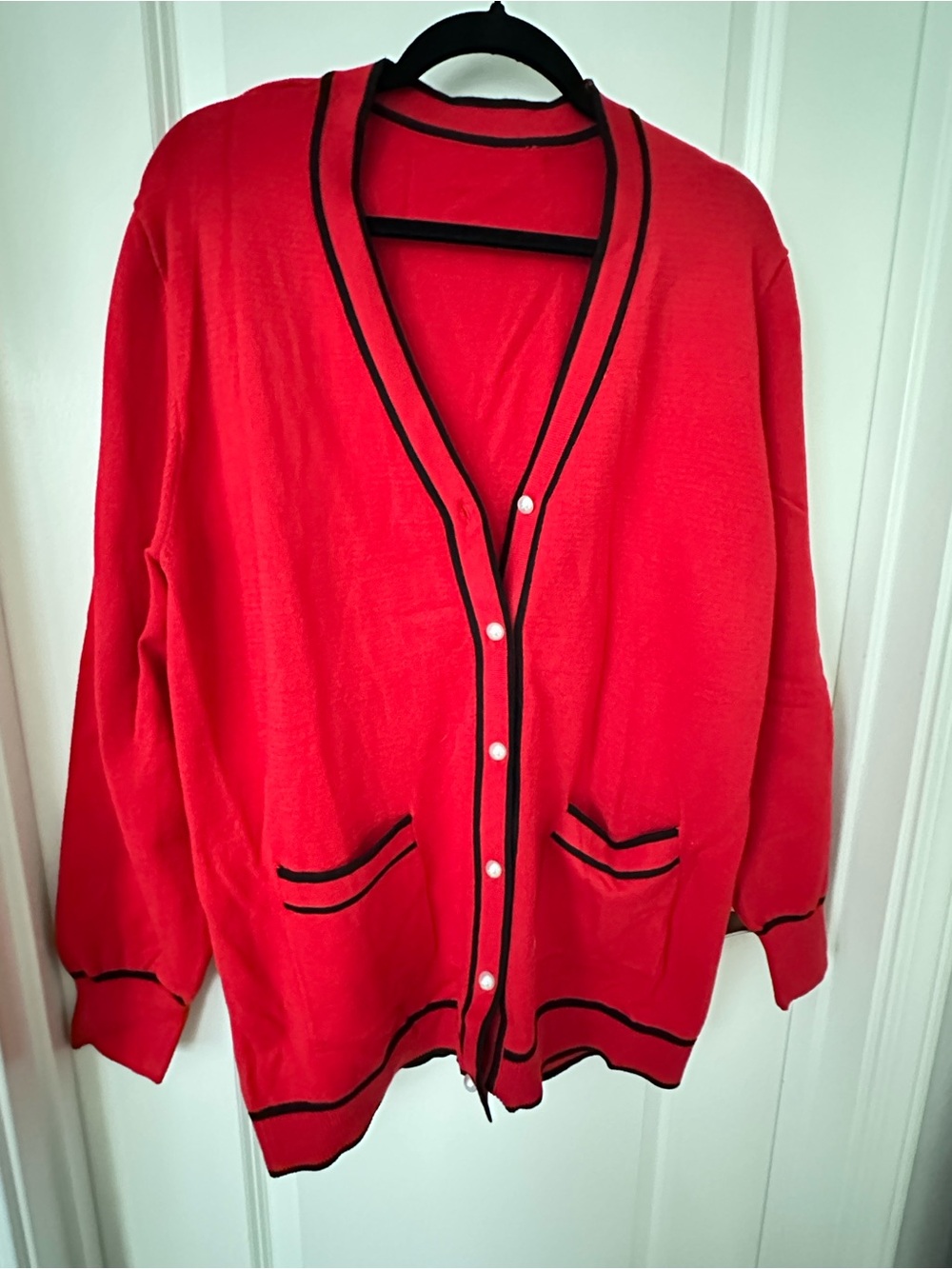 SHEIN Red V-Neck Cardigan with Black Trim